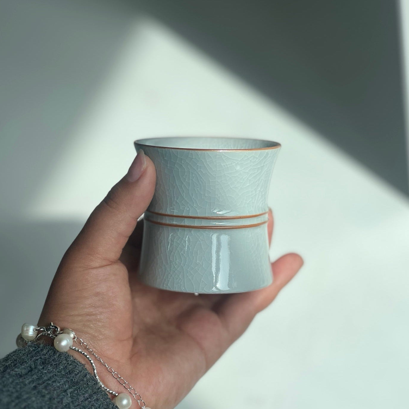 【河南汝州原產地】原礦月白釉雙線束腰杯90CC
