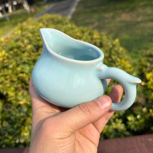 【河南汝州原產地】原礦天青釉龍把手公道杯