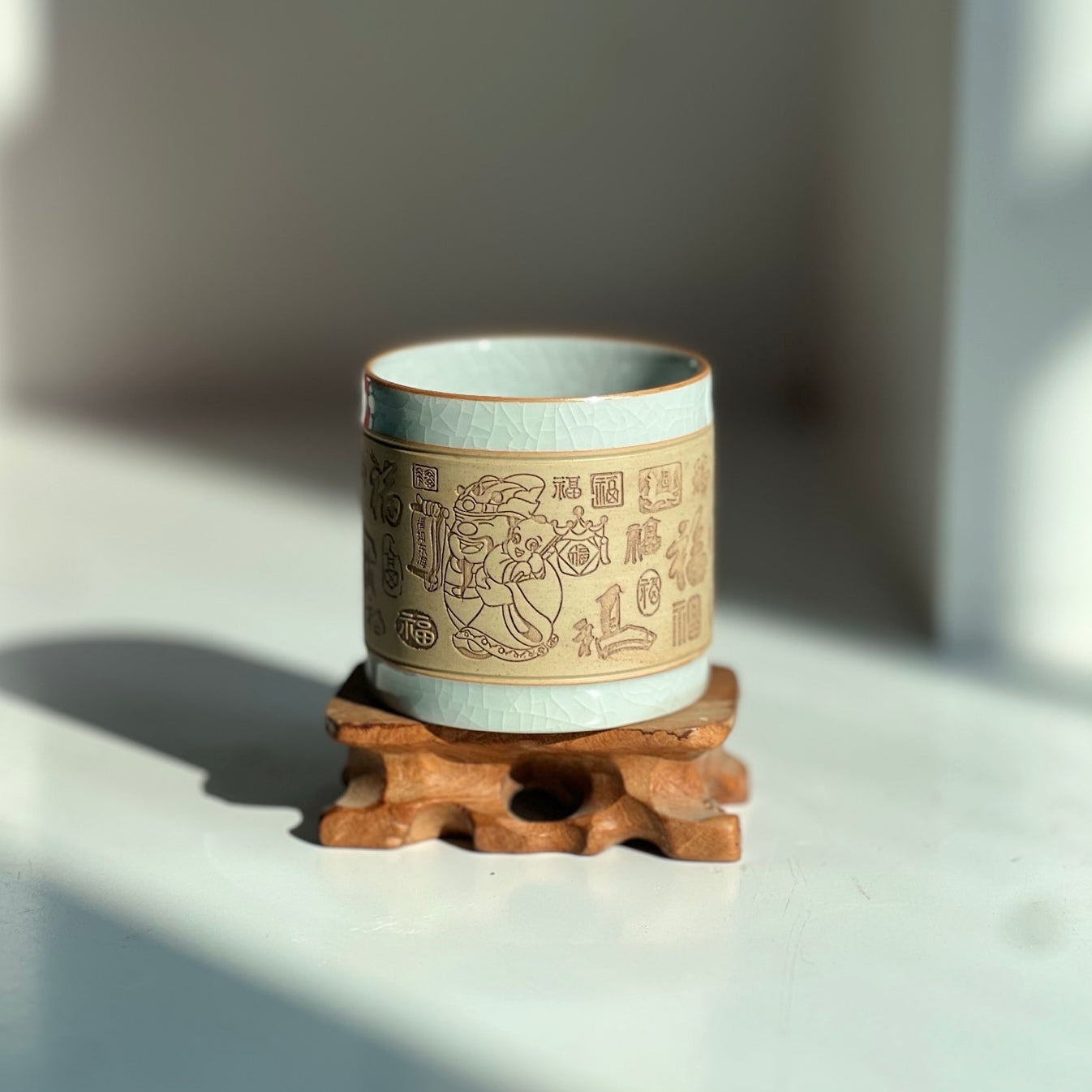 【河南汝州原產地】原礦月白釉百福雕刻直口杯120CC